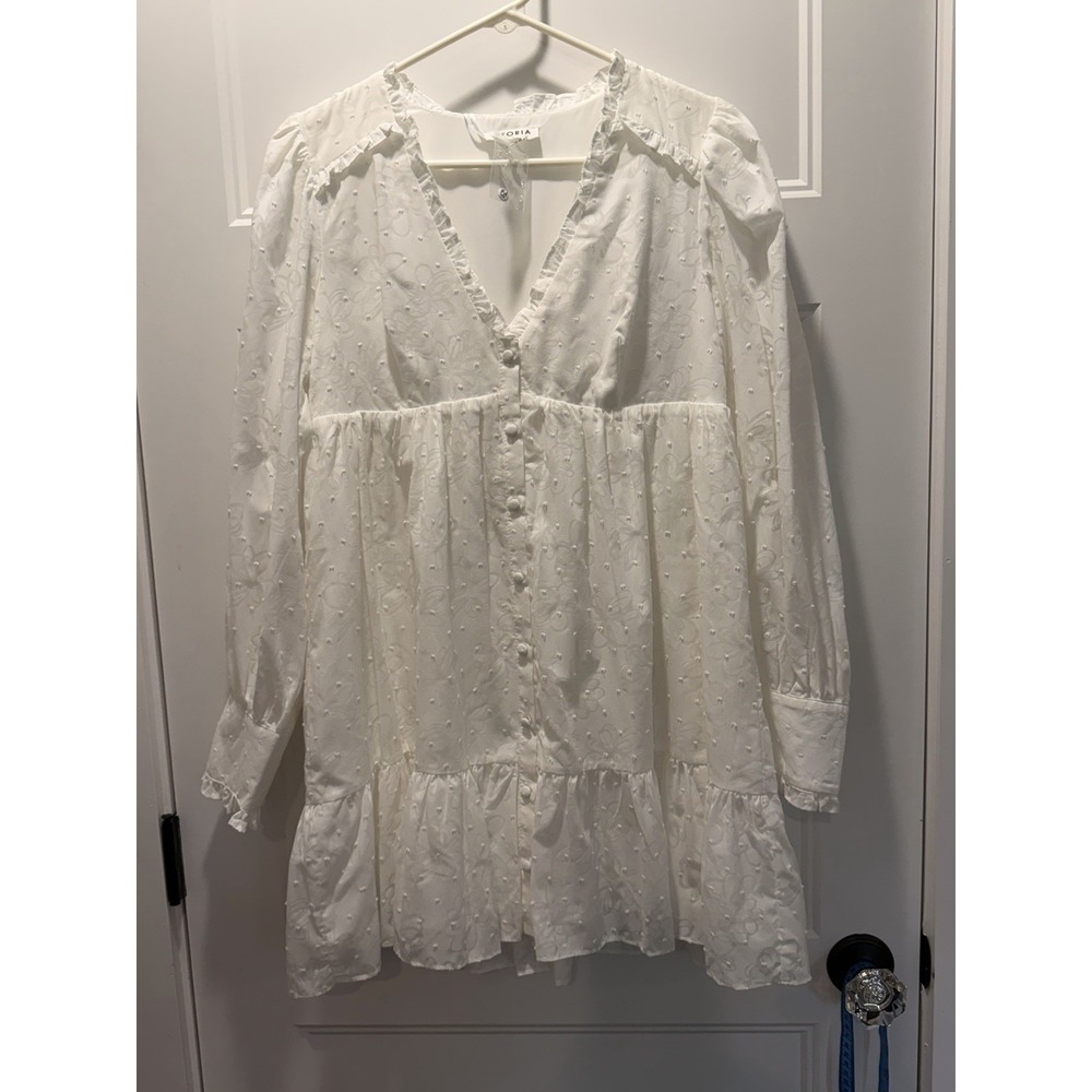 Storia M White Floral Swiss Dot Babydoll Mini Dress V Neck Ruffle NWT